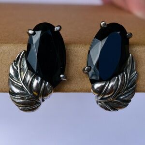 Schiaparelli Earrings Vintage 1950's Silver Plated Leaves/Black Glass